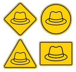 Yellow Warning Signs Featuring Hat Illustrations in Various Shapes and Styles
