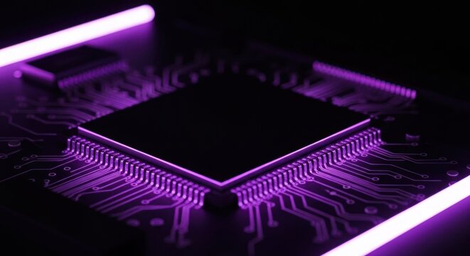 Illuminated central chip on circuit board, bordered by neon glow lines