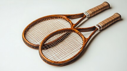 Pair of Wooden Tennis Rackets with Leather Wrapped Handles on Light Surface