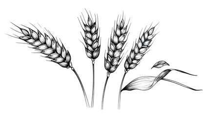 Hand-drawn wheat illustration. Five stalks with grains, black background, detailed, artistic style, rustic charm, elegant depiction