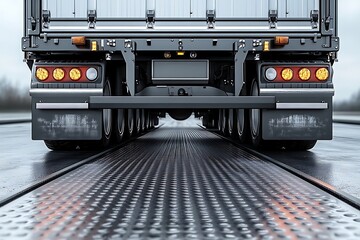 Rear View of Transport Truck Rolling Along a Textured Steel Loading Ramp, Silver Metal