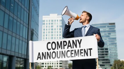 A businessman in a suit with a megaphone and sign says "Company Announcement" with skyscrapers - Powered by Adobe