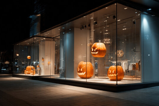 Modern storefront with illuminated jack-o’-lantern pumpkins arranged under spotlights, creating a stylish Halloween night scene.