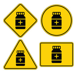 Warning Signs Featuring Medicine Bottle Icons in Various Shapes and Designs