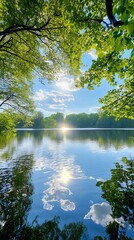 Scenic Reflection of Sky & Trees on Calm Lake Water with Sunlight Glimmering