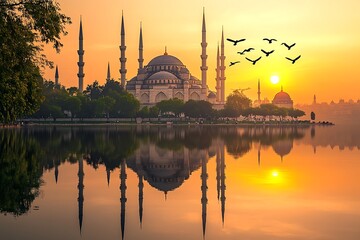 Fototapeta premium Scenic Sultan Ahmed Mosque at Sunrise with Birds in Istanbul Reflecting on Water