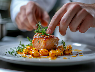Male chef making tasty salad in kitchen, closeup