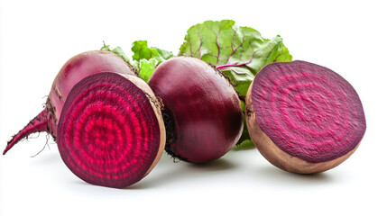 Whole beet root and half isolated on white background