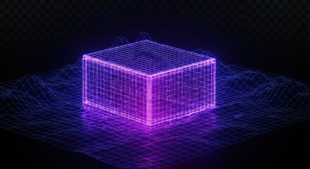 Luminous purple cube on wireframe grid, dark background