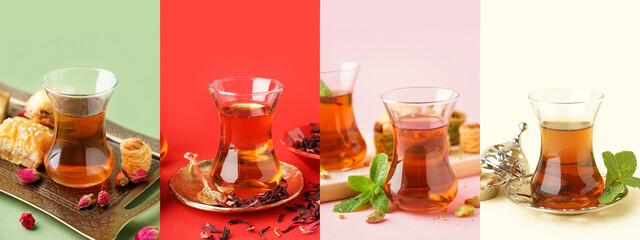 Collage of traditional Turkish tea on color background