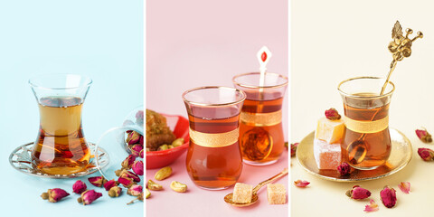 Collage of traditional Turkish tea on light color background