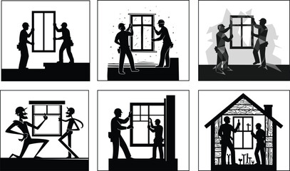 Window installation teamwork, construction workers fitting glass, home renovation process, black and white illustration, DIY repair, building improvement scene