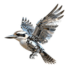 Mechanical kookaburra soars with metallic wings.