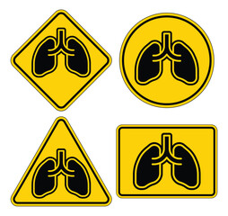 Set of Warning Signs Featuring Lung Symbols on Yellow Background