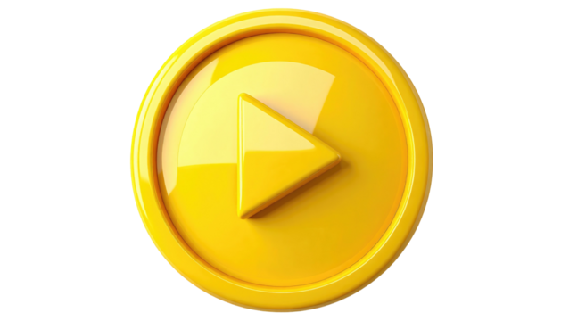 Shiny yellow play button icon against black background, glossy finish, simple design, centralized in the image