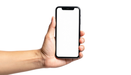 Hand holding a blank white smartphone screen against a stark black background, displaying a modern device