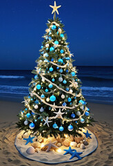 Decorated Christmas tree on the ocean shore, seashell ornaments, blue lights, and starfish toppers
