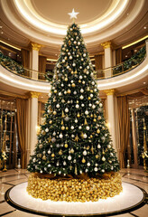 Luxurious Christmas tree adorned with crystal ornaments, gold garlands, and LED lights