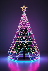Modern Christmas tree with geometric ornaments, neon lights, and metallic accents