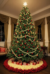 Traditional Christmas tree decorated with popcorn strings, red berries, and classic bulbs