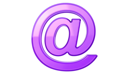 Gleaming, purple, @ symbol with gradient light reflections against a stark black background, isolated and luminous