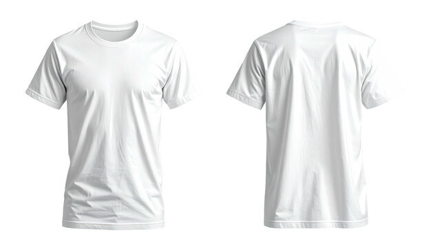 White t-shirt, front and back, isolated on a transparent background, showcasing its simplistic design and texture