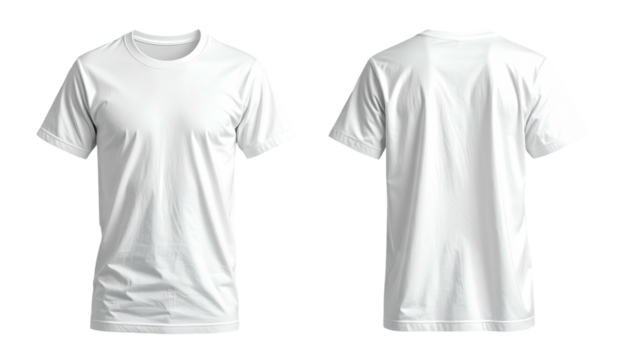White t-shirt, front and back, isolated on a transparent background, showcasing its simplistic design and texture