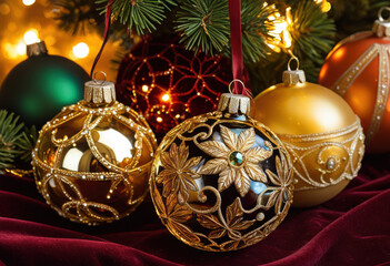 Close-up of vintage glass Christmas tree ornaments with gold and gemstone inlay