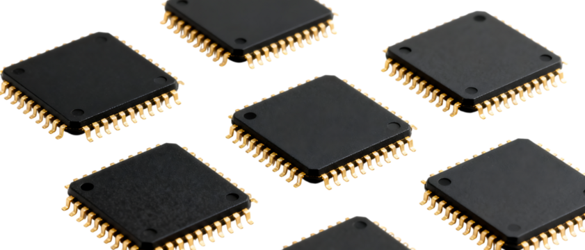 金色ピンが輝くブラックマイクロチップ｜背景なし・透過PNG・コピースペース