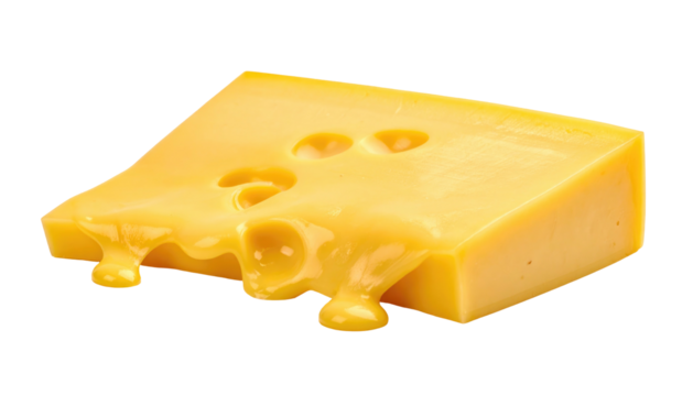 Square piece of cheese with holes has some cheese dripping from its side against a black background