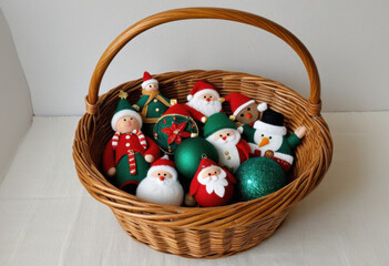 Christmas ornament collection in a woven basket: felt, wood, and ceramic pieces