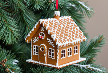 Christmas ornament shaped like a gingerbread house with icing details, macro view