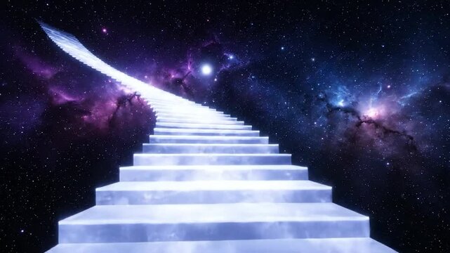 A winding staircase of light ascends into a vibrant cosmos filled with stars, nebulae