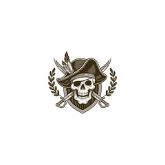 Fototapeta premium Vintage engraving style illustration of a pirate emblem featuring a menacing skull wearing a tricorn hat with a feather and a jolly roger symbol, centered on a shield or coat of arms