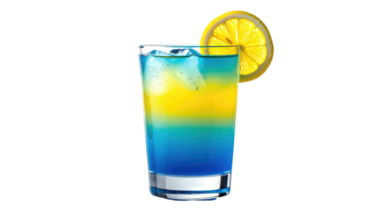 A layered blue and yellow drink with ice and lemon garnish in a tall clear glass on a black backdrop