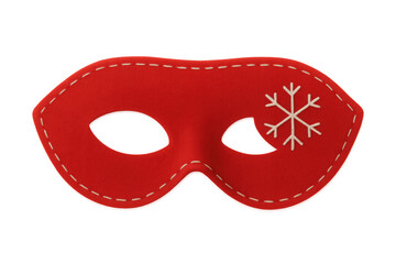 Red felt carnival mask with white stitched snowflake, celebrating winter party, holidays, and festive costume event, with transparent background