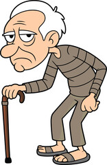 Cartoon illustration of tired old man standing with cane, elderly character design symbolizing aging, weakness, loneliness, retirement and senior lifestyle concept
