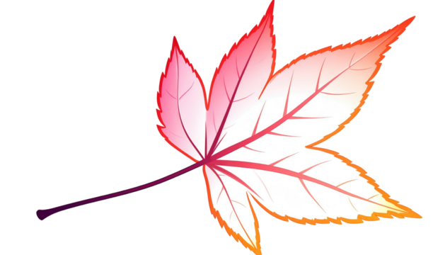 A vibrant, stylized single maple leaf with red, orange, and white gradients against a stark black background