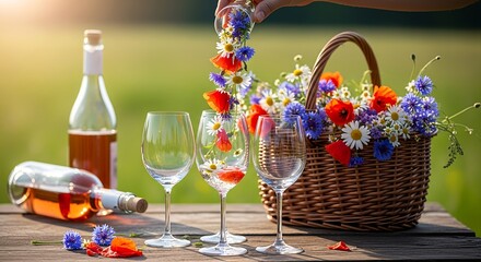 Romantic still life of two crystal glasses of champagne and flowers on a table for a wedding celebration or holiday dinner