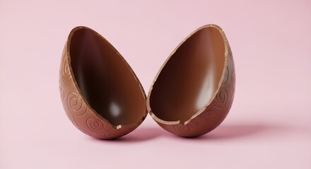Pink background with isolated chocolate Easter eggs and candy, featuring a sweet brown dessert for the holiday