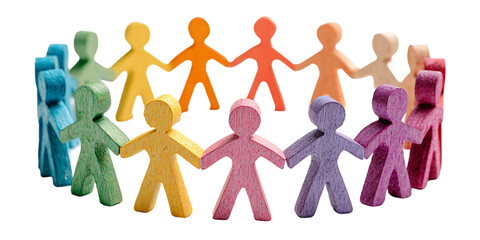 Colorful Wooden Figurines Holding Hands in Circle on Transparent Background, PNG
