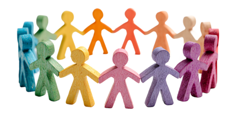 Colorful Wooden Figurines Holding Hands in Circle on Transparent Background, PNG