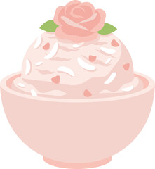 Flat Simple Style Delicious Dessert Bowl with Rose Flower Topping Illustration