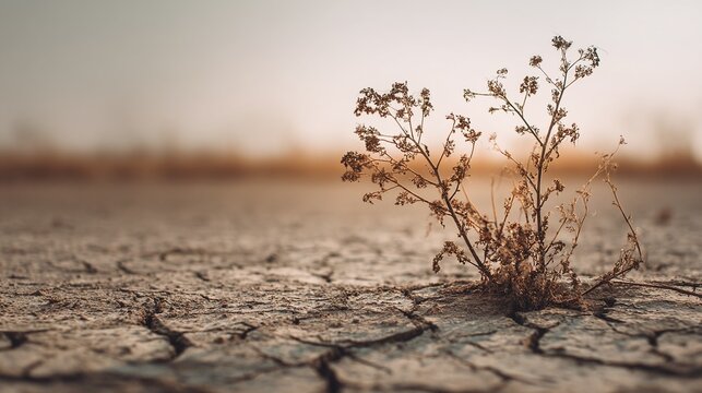 Resilient dry plant thrives defiantly in cracked arid earth, symbolizing hope and survival against harsh environmental conditions.