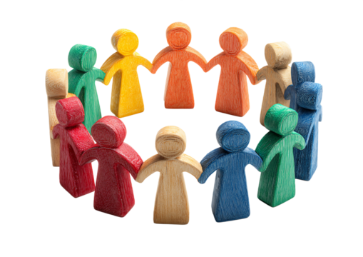 Colorful Wooden Figures Holding Hands in Circle on Transparent Background Symbolizing Unity Teamwork Diversity and Community, PNG