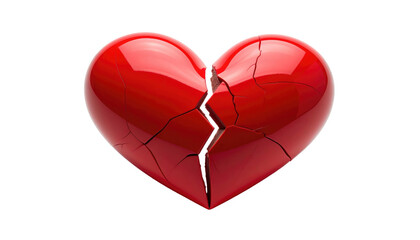 Shiny red heart is fractured in two, the cracks running down the center against a black background for contrast