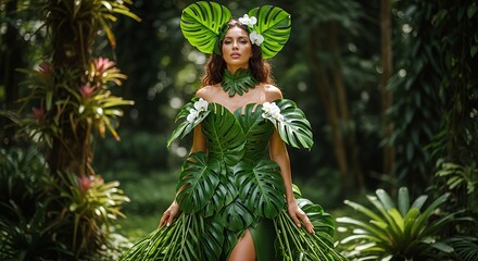 A glamorous lady in a green dress smiling with joy next to a Christmas tree, reflecting the beauty of the holiday season