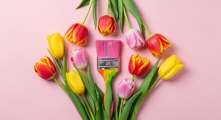 A fresh, beautiful bouquet of colorful spring tulips in pink, red, and purple blossom