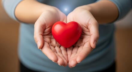 Woman's hands holding a red heart shape symbol of love and care a perfect concept for Valentine's Day