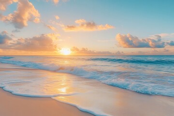 Obraz premium Tranquil Beach at Sunrise Golden Light Reflecting on Gentle Waves and Sandy Shore